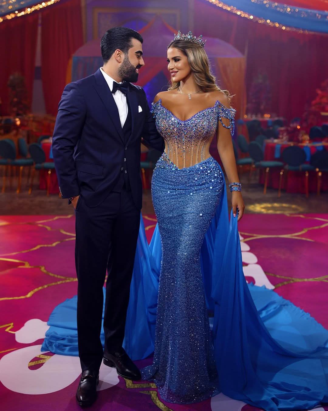 Heavy V Neck Off-the-Shoulder Prom Dress with Sequins Beadings BM bride