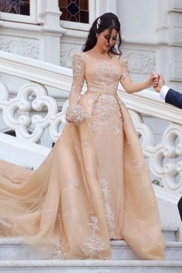 Long Sleeve Bateau Detachable Tulle Wedding Dress BM bride