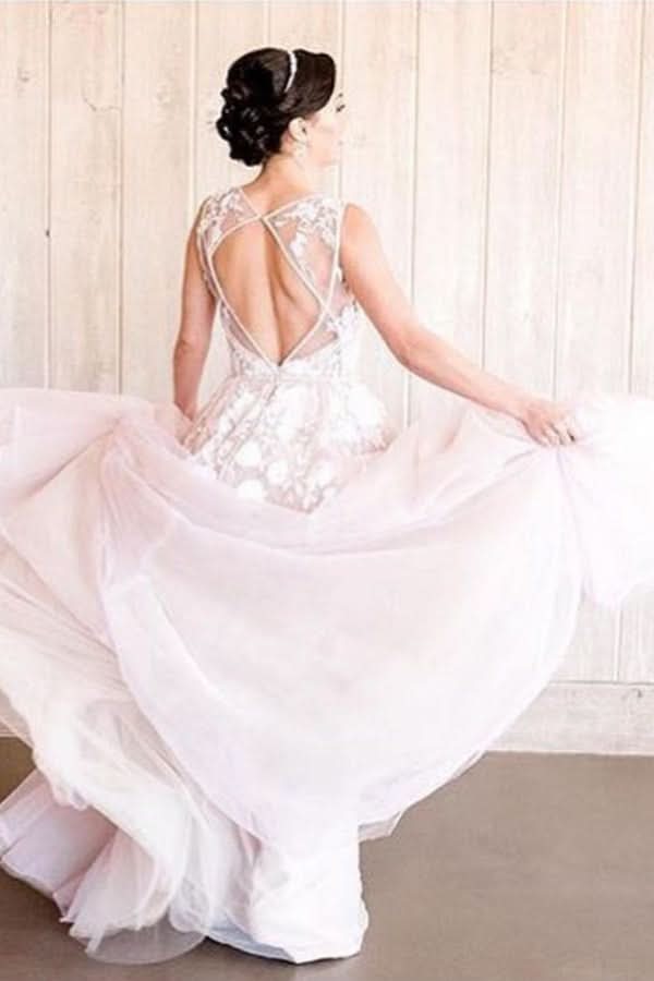 A-Line Deep V-Neck Wide Strap Tulle Wedding Dress with Open Back and Lace Appliques BM bride