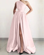 Burnt Orange One Shoulder Elegant Prom Dress A-Line Split with Pockets BM bride