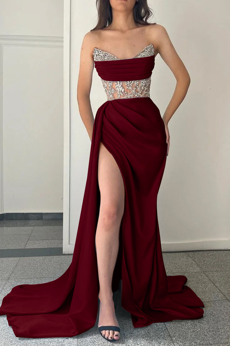 Modern Sky Blue Strapless Mermaid Prom Dress Split With Beading BMBRIDE