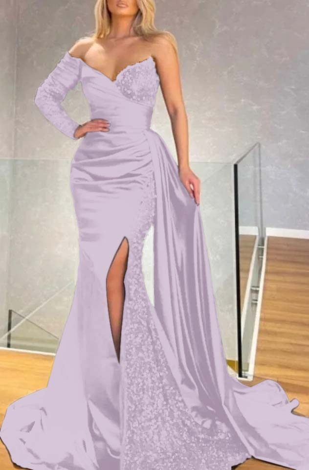 Long Sleeve Strapless Long Split Prom Dress With Pleated Sequins BMBRIDE