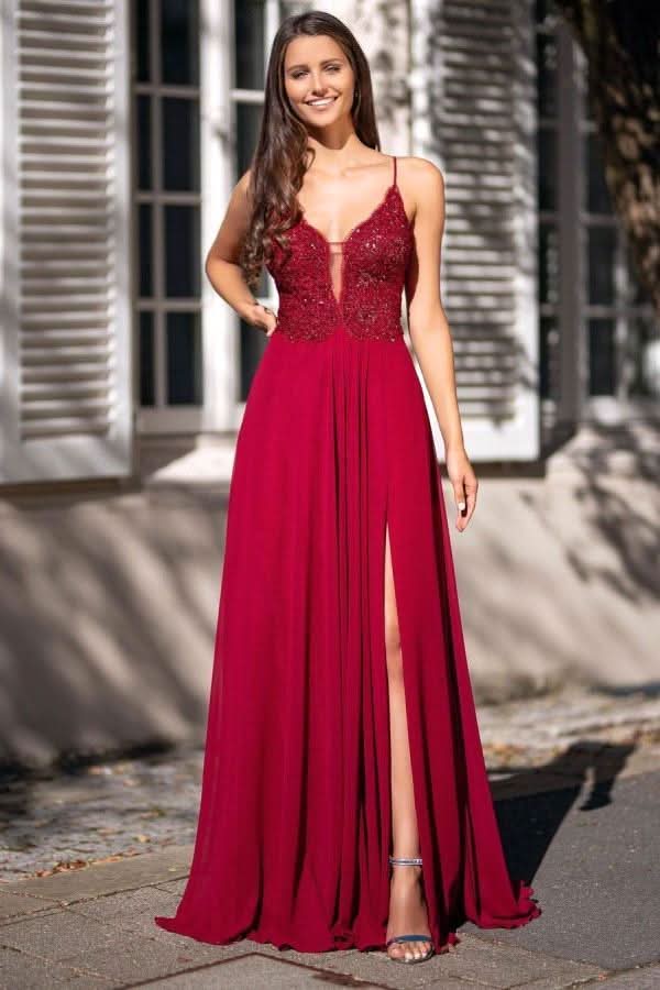 Spaghetti-Straps V-Neck Long Prom Dress with Slit and Appliques BM bride