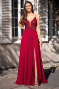 Split Spaghetti Strap V Neck Sleeveless Long A Line Prom Dress With Appliques