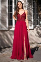 Split Spaghetti Strap V Neck Sleeveless Long A Line Prom Dress With Appliques