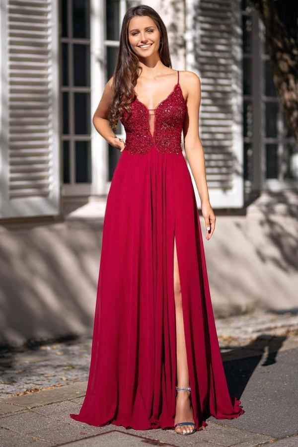 Split Spaghetti Strap V Neck Sleeveless Long A Line Prom Dress With Appliques