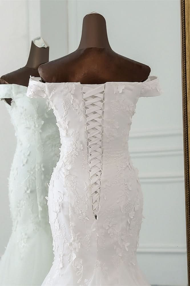 Off-the-Shoulder Mermaid Long Wedding Dress with Tulle Lace BM bride