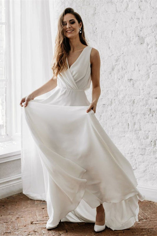 V-Neck Sleeveless Long Wedding Dress BM bride