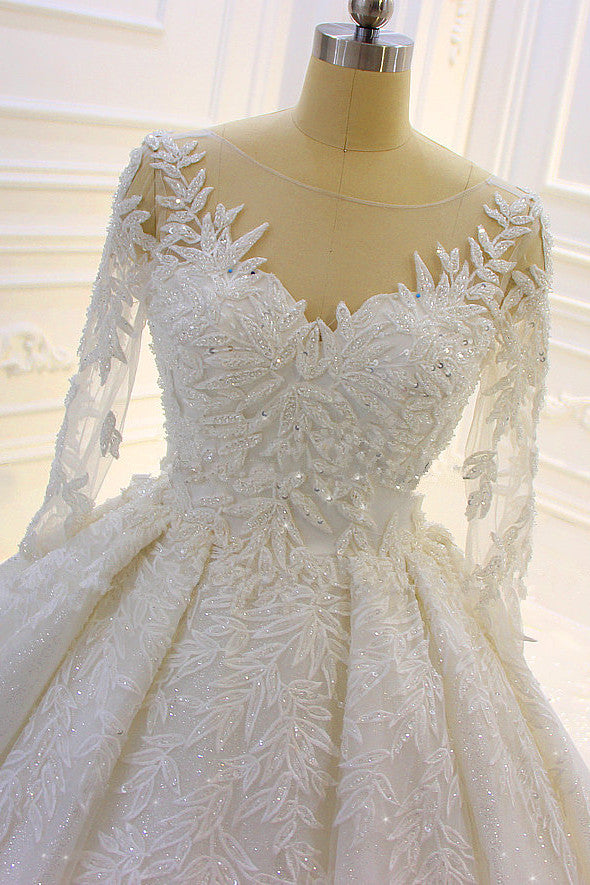 Long Sleeve Ball Gown Beaded Church Train Wedding Dress with Lace Appliques BM bride