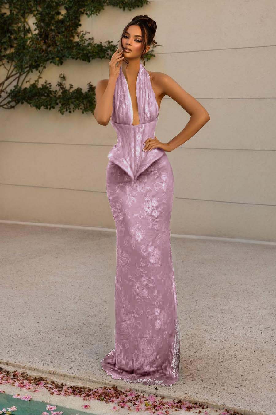 Halter Sleeveless Long Mermaid Prom Dress With Lace Appliques BMBRIDE