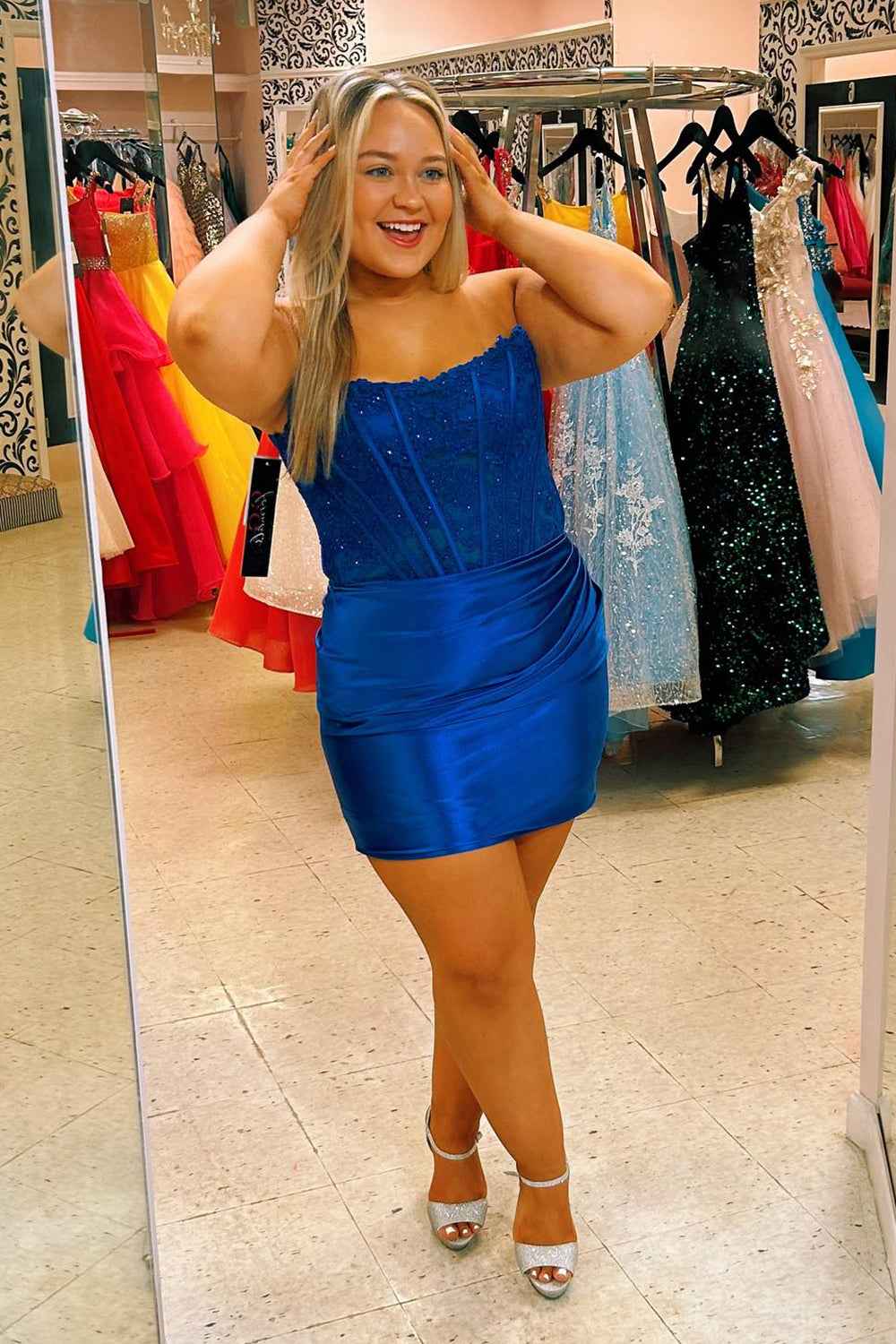 Dark Green Detachable Long Sleeves Satin Corset Tight Short Homecoming Dress (Gloves not Included) Bmbride