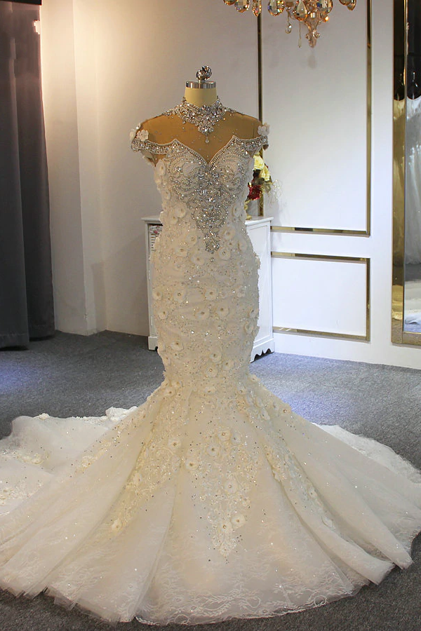 High Neck Crystal Tulle Floor-Length Mermaid Wedding Dress with Lace Appliques BM bride