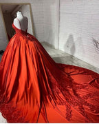 Sleeveless Spaghetti Straps Backless Satin Wedding Dress With Appliques Lace BM bride