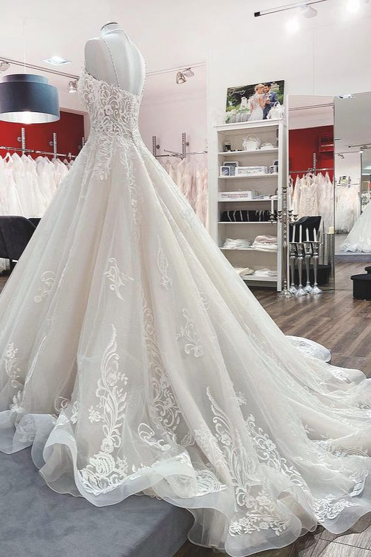V-Neck Spaghetti Strap Ball Gown Tulle Wedding Dress with Lace Ruffles BM bride
