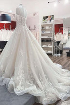V-Neck Spaghetti Strap Ball Gown Tulle Wedding Dress with Lace Ruffles BM bride