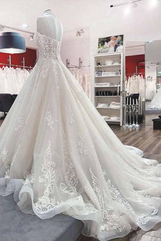 V-Neck Spaghetti Strap Ball Gown Tulle Wedding Dress with Lace Ruffles BM bride