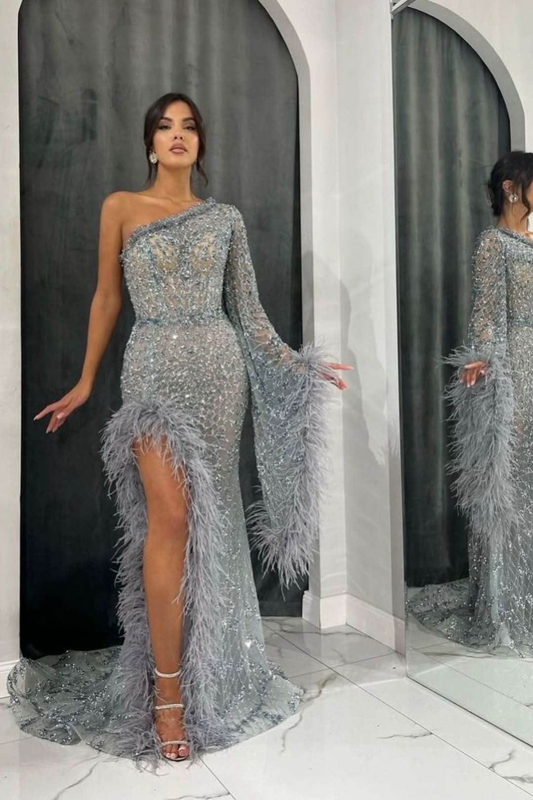 Heavy Feather One Shoulder Prom Dress with Beadings BM bride