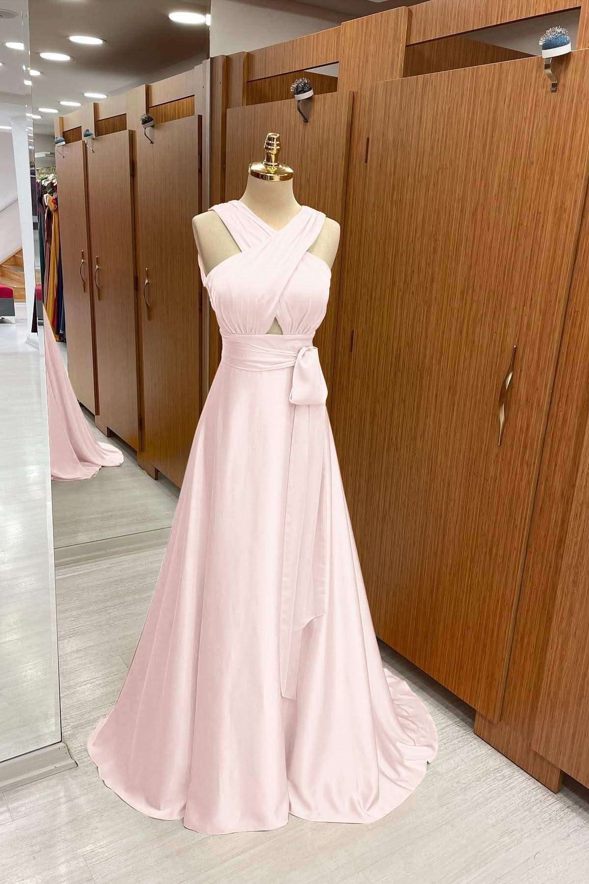Elegant Strapped A-Line Long Prom Dress with Halter BM bride