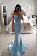 Blue Off-the-Shoulder Sleeveless Mermaid Evening Dress BM bride
