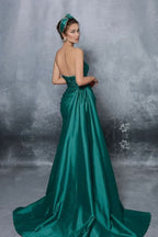 Blue Elegant Strapless Sleeveless Prom Dress with Slit Pleats BM bride