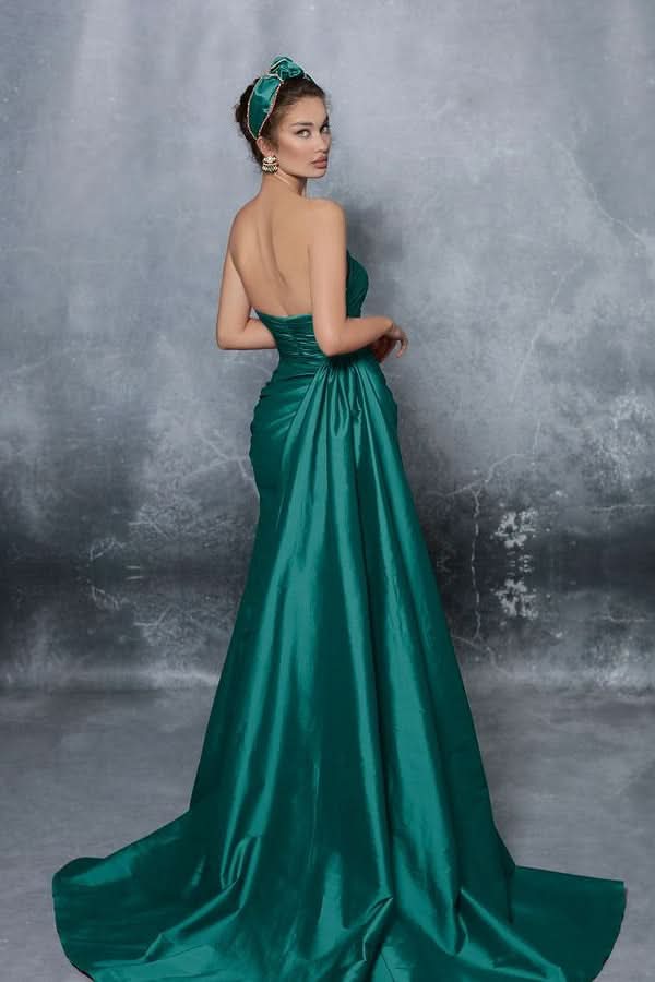 Blue Elegant Strapless Sleeveless Prom Dress with Slit Pleats BM bride