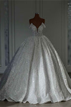 Off-the-Shoulder Sleeveless White Wedding Dress with Appliques and Beading BM bride