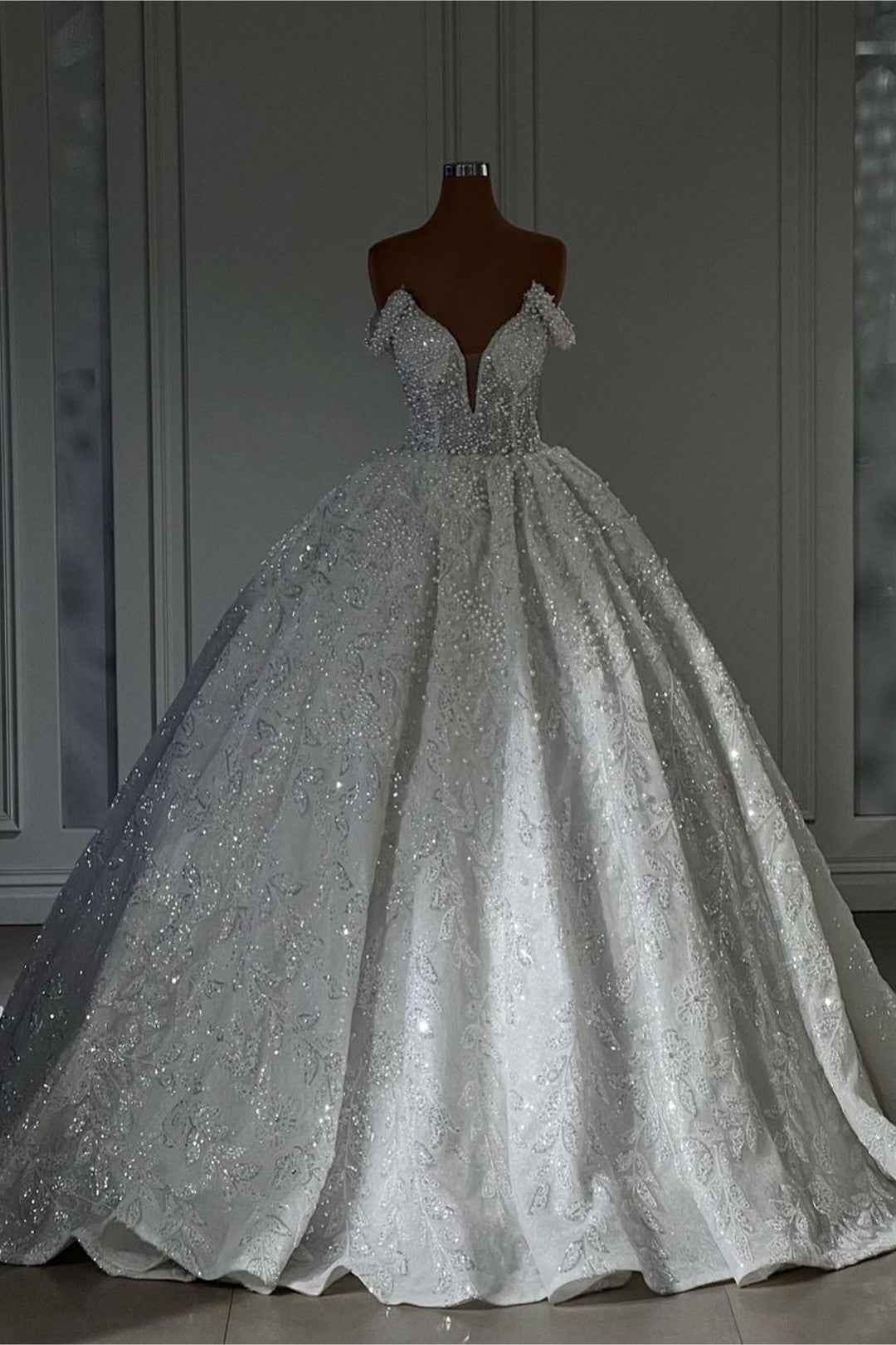 Off-the-Shoulder Sleeveless White Wedding Dress with Appliques and Beading BM bride