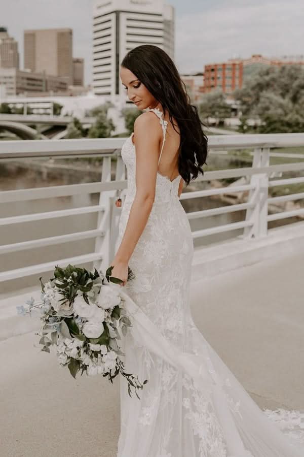 Elegant V-Neck Spaghetti Strap Backless Long Mermaid Wedding Dress with Lace BM bride