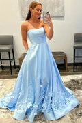 Baby Blue Strapless Sleeveless Appliques Evening Dress Online BM bride