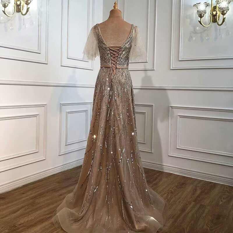 Elegant Taupe Prom Dress, Short Sleeves V-Neck A-Line BM bride