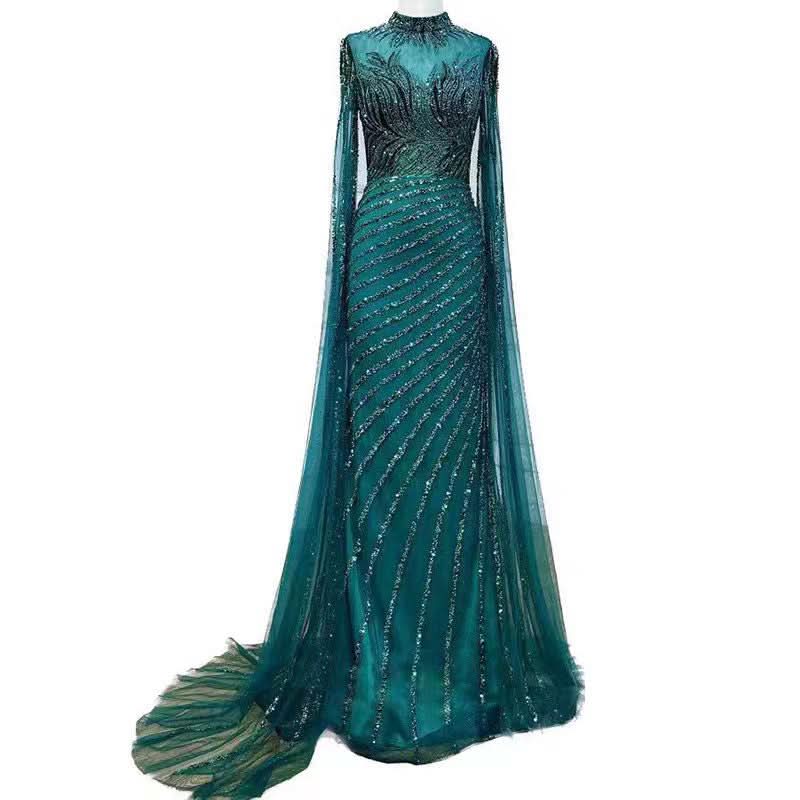 Green Luxury Long Sleeve Sequined Beaded Prom Dress 2024 BM bride