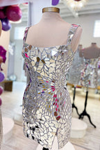 Sparkly Silver Scoop Neck Mirror Tight Short Homecoming Dress Bmbride