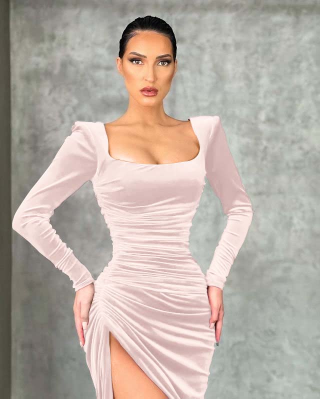 Mermaid Burgundy Long Sleeves Square Neck Prom Dress With High Split BMBRIDE