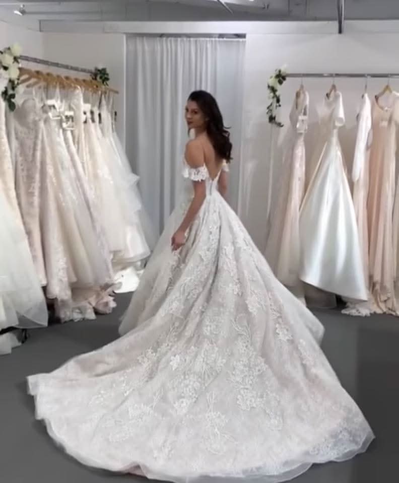 Long A-line Spaghetti-Straps Backless Wedding Dress With Tulle Lace BM bride