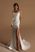 Straps Sleeveless Long Mermaid Prom Dress With Split Pleated