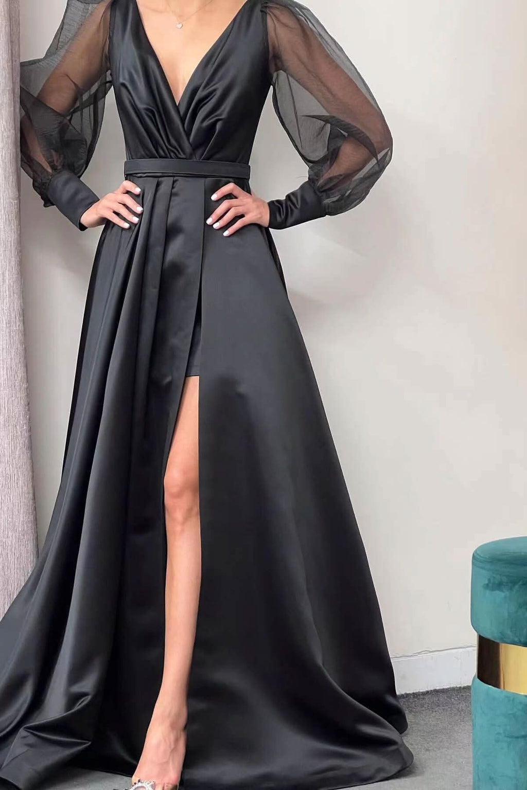 Long Puff Sleeve A-Line Evening Dress with Slit BM bride