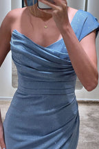 Glamorous Blue Sleeveless One Shoulder Evening Dress with Split BM bride