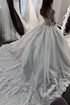 Sheer Tulle Ball Gown Wedding Dress With Appliques Short Sleeves BM bride