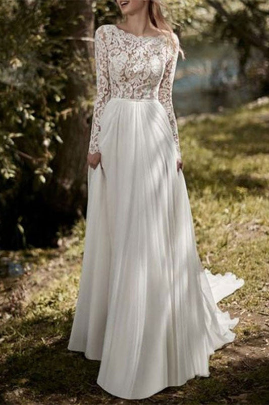 Long Sleeve Lace Chiffon Wedding Dress BM bride