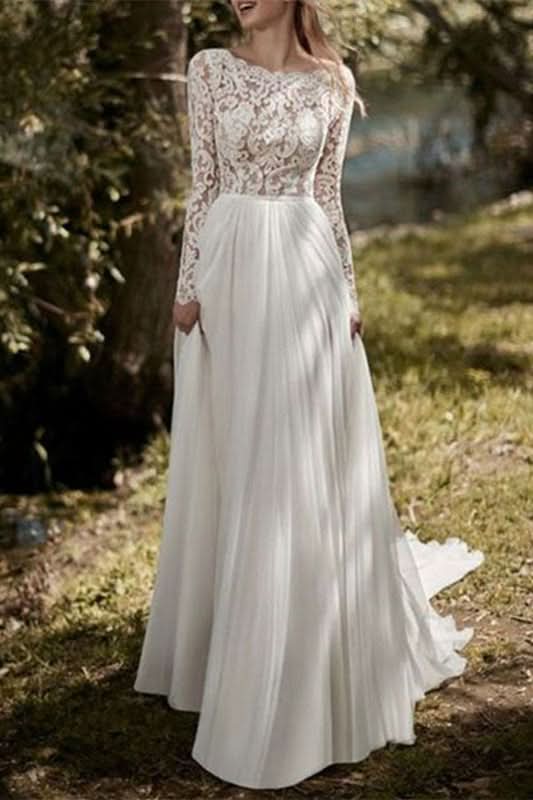 Long Sleeve Lace Chiffon Wedding Dress BM bride
