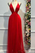 Tulle Halter Deep V Neck Sleeveless Backless Long Prom Dress