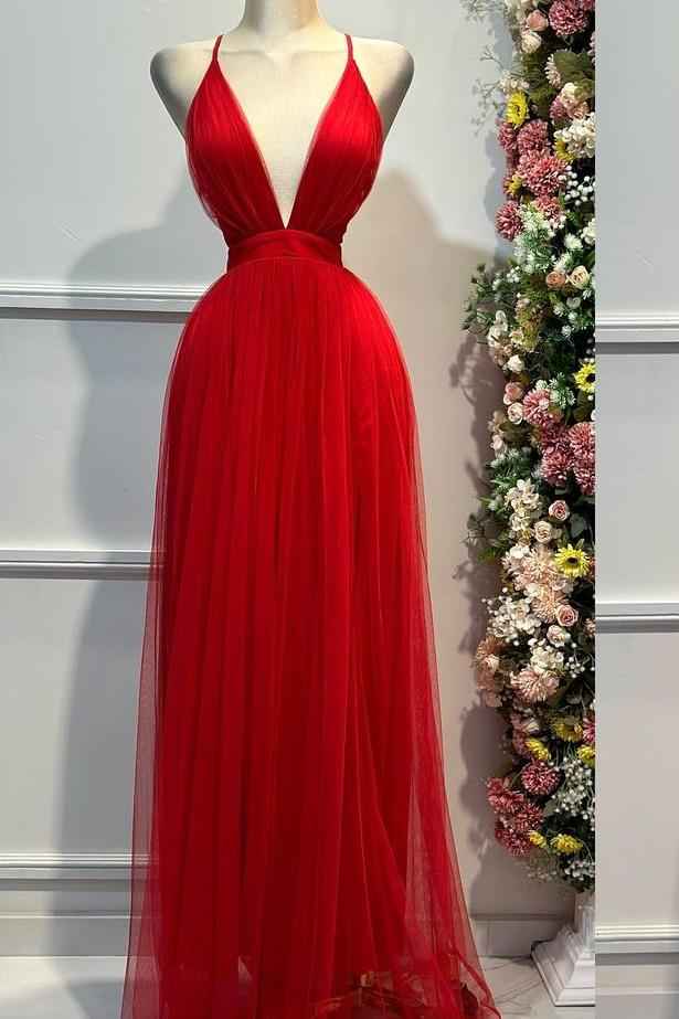 Tulle Halter Deep V Neck Sleeveless Backless Long Prom Dress
