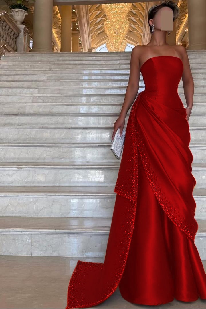 Chic Strapless Sleeveless Long Prom Dress With Pleated Beading BMBRIDE