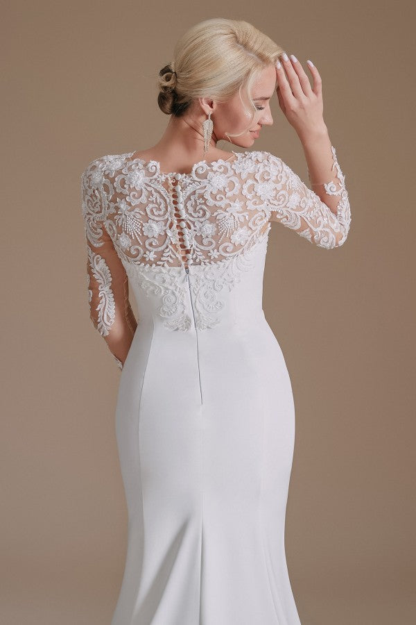 Jewel Neck Satin Lace Long Sleeve Mermaid Wedding Dress BM bride
