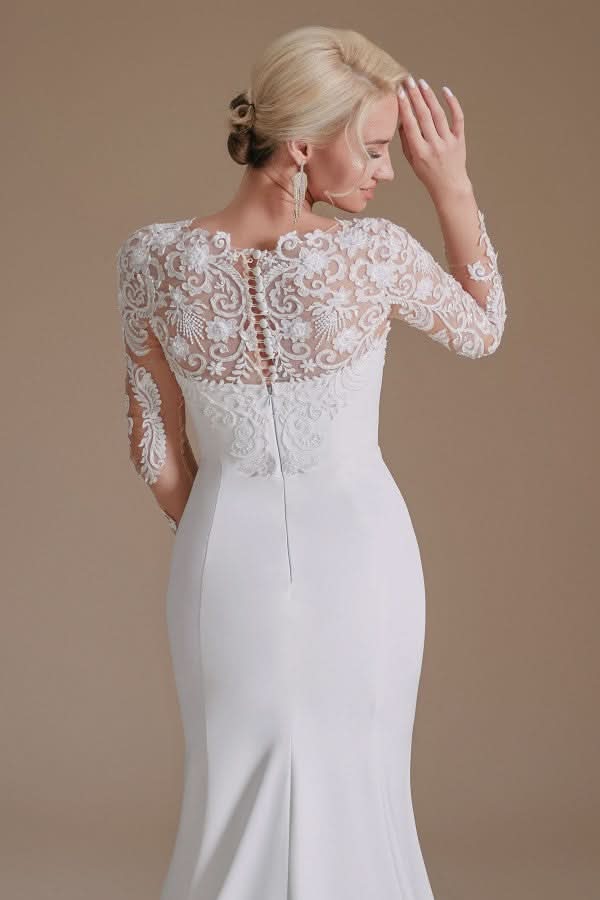 Jewel Neck Satin Lace Long Sleeve Mermaid Wedding Dress BM bride