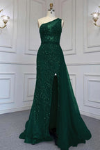 Elegant One Shoulder Tulle Evening Dress with Beadings, Slit, and Rhinestone BM bride
