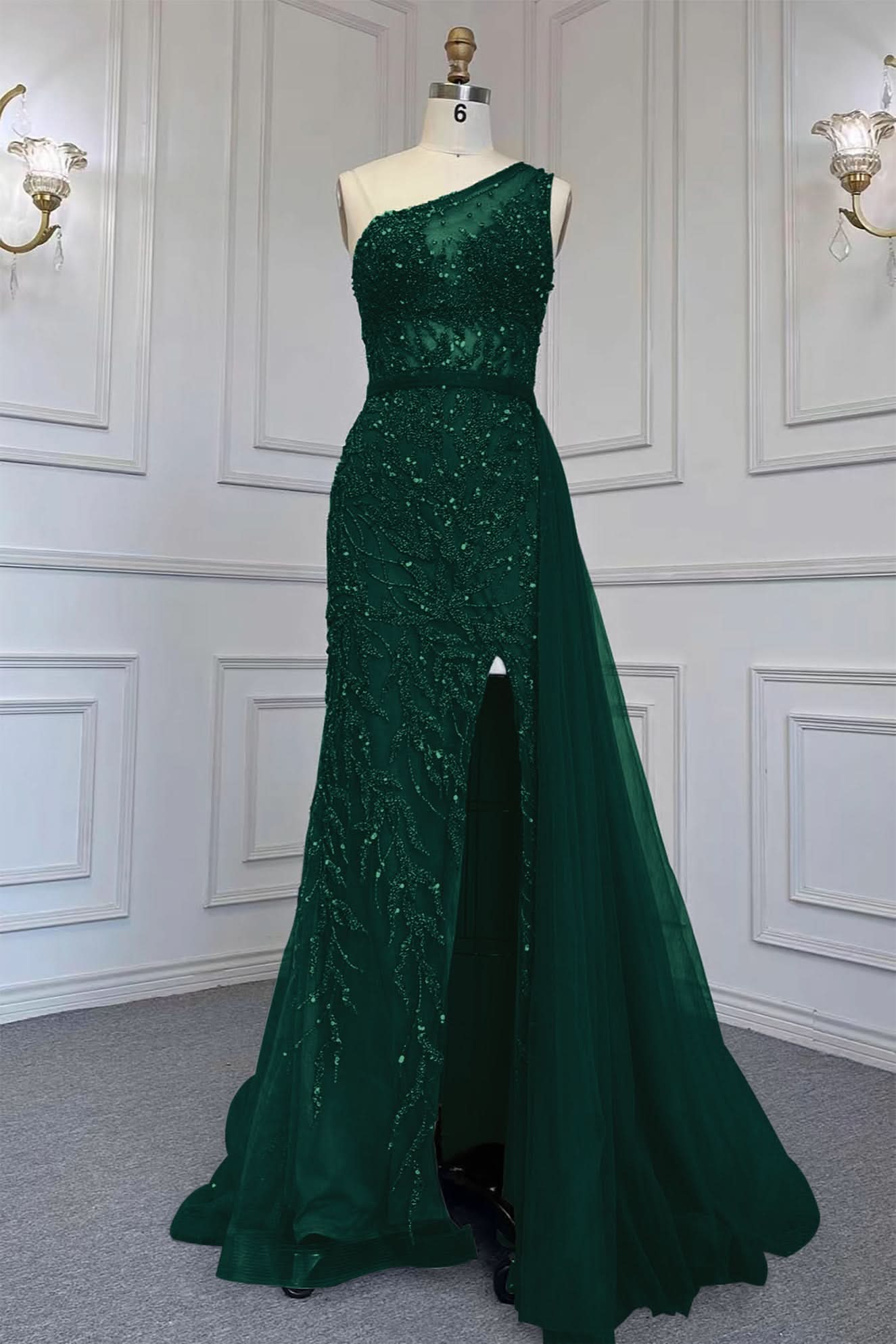 Elegant One Shoulder Tulle Evening Dress with Beadings, Slit, and Rhinestone BM bride