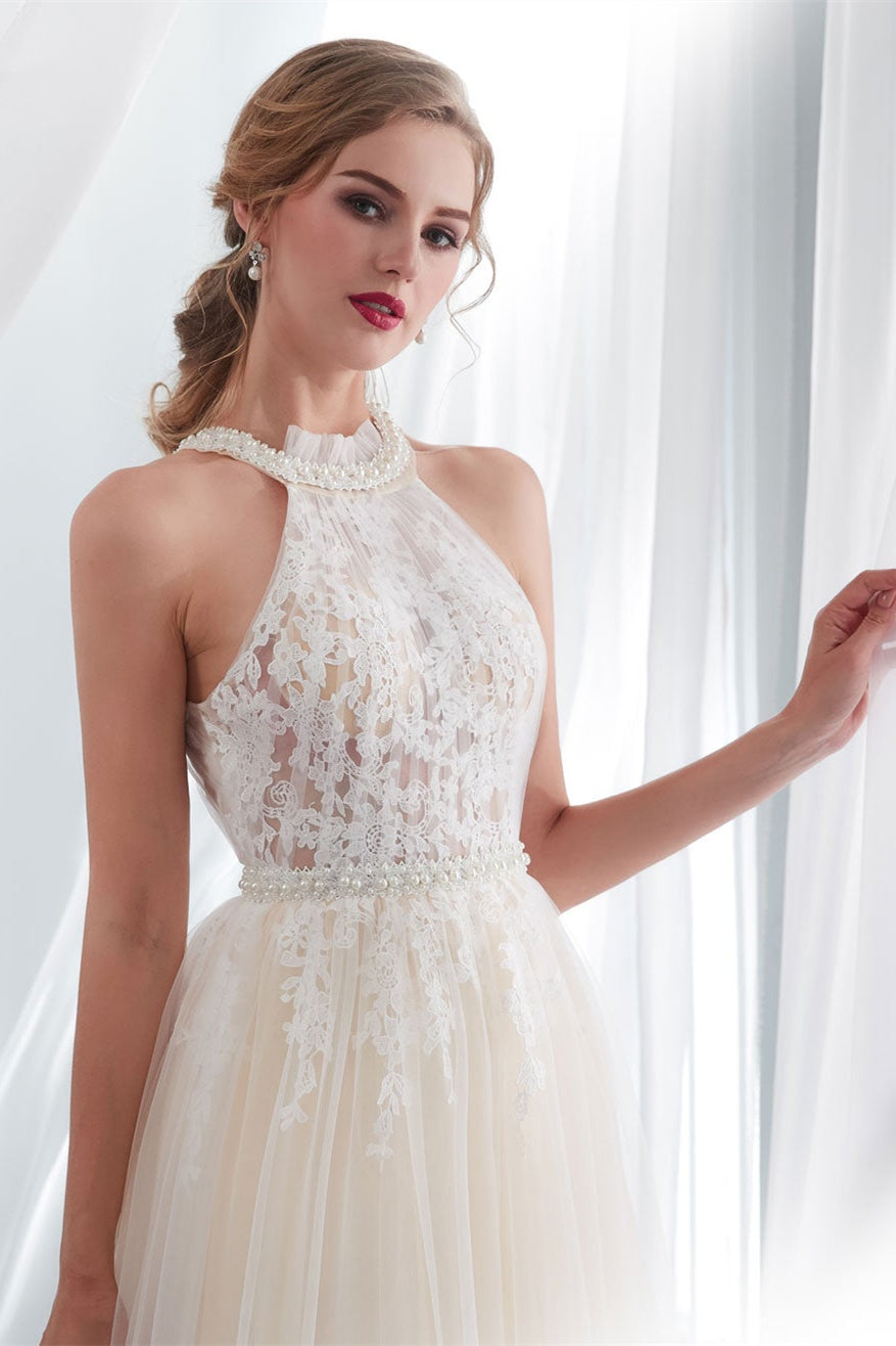 High Neck Tulle Wedding Dress with Appliques BM bride