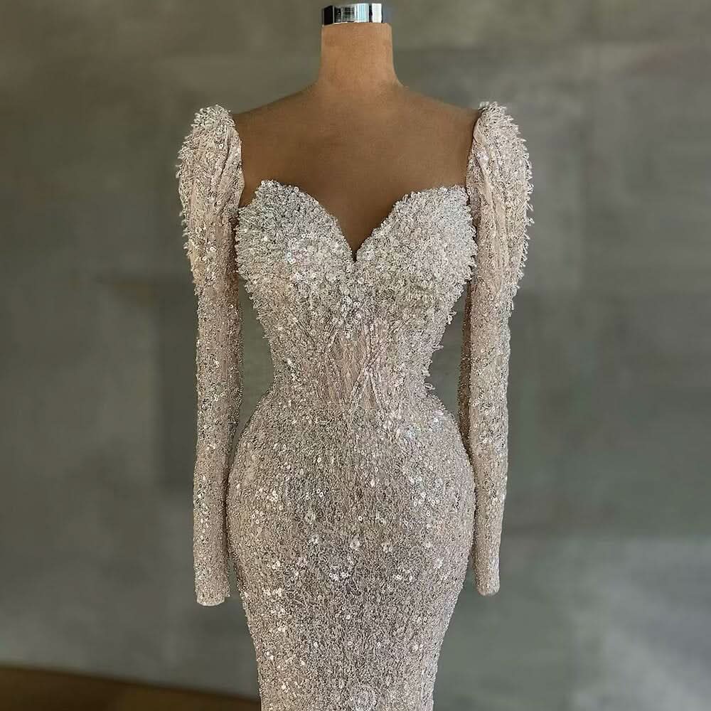 Sexy Sequined V-Neck Mermaid Prom Dress with Long Sleeves BM bride