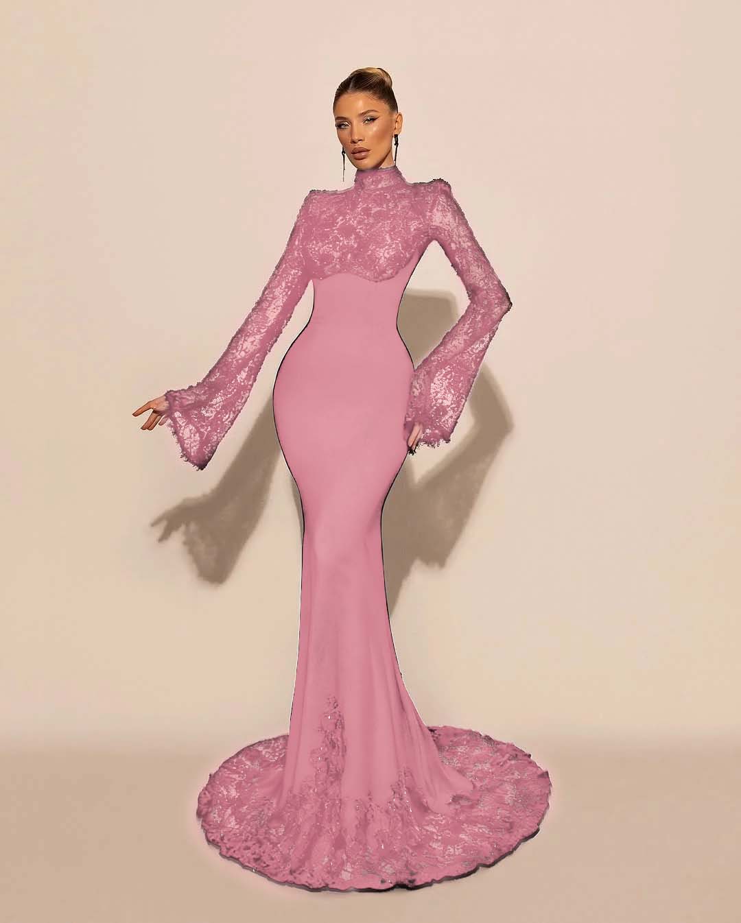 High Neck Lace Long Sleeves Long Mermaid Prom Dress With Pleated BMBRIDE